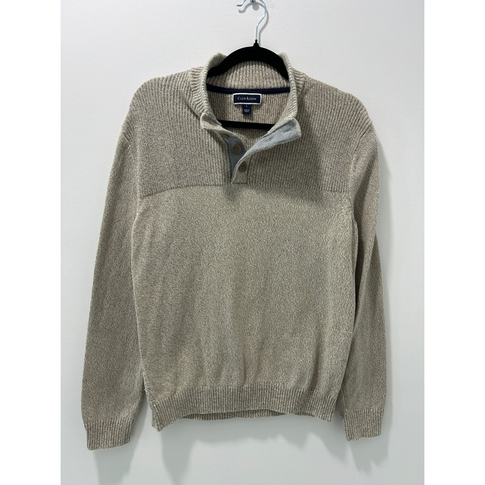 Club Room Mens Tan Marl 100% Cotton Quarter Button Mock Neck Sweater Large